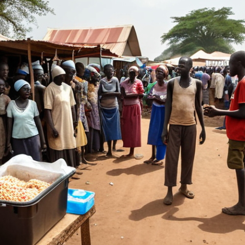 **A bustling South Sudanese market with EU aid workers distributing food and medical supplies, showcasing humanitarian assistance efforts.** (Focus: Aid in action)