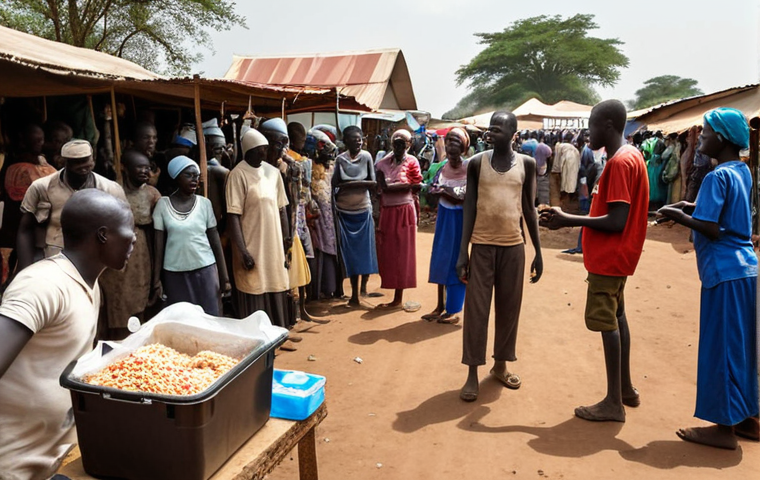 **A bustling South Sudanese market with EU aid workers distributing food and medical supplies, showcasing humanitarian assistance efforts.** (Focus: Aid in action)