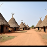 **A traditional South Sudanese village:** Focus on the unique architecture of the round or oval-shaped houses with conical thatched roofs, built with mud, straw, and wood. Show the community aspect with people gathered outside the houses. The environment should reflect the natural landscape of South Sudan.
