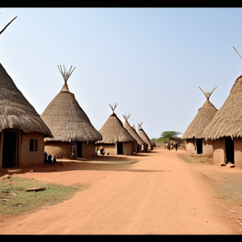 **A traditional South Sudanese village:** Focus on the unique architecture of the round or oval-shaped houses with conical thatched roofs, built with mud, straw, and wood. Show the community aspect with people gathered outside the houses. The environment should reflect the natural landscape of South Sudan.
