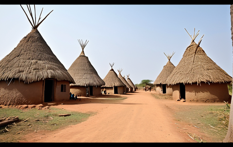 **A traditional South Sudanese village:** Focus on the unique architecture of the round or oval-shaped houses with conical thatched roofs, built with mud, straw, and wood. Show the community aspect with people gathered outside the houses. The environment should reflect the natural landscape of South Sudan.