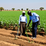 Agricultural Cooperation**

"A sunny, golden field in South Sudan, with Israeli and South Sudanese farmers working side-by-side. Some are examining crops, others are adjusting drip irrigation systems. All are fully clothed in modest work attire. In the background, modern farming equipment. Safe for work, appropriate content, professional, family-friendly, perfect anatomy, correct proportions, natural pose, well-formed hands, proper finger count, natural body proportions."

**