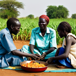 A South Sudanese Family Meal**

"A family seated on mats in a rural South Sudanese village, sharing a meal of kisra and a vegetable stew, fully clothed, appropriate attire, safe for work, perfect anatomy, natural proportions, natural lighting, documentary photography style, modest, family-friendly, authentic details, sorghum field in the background, well-formed hands, proper finger count, natural body proportions."

**