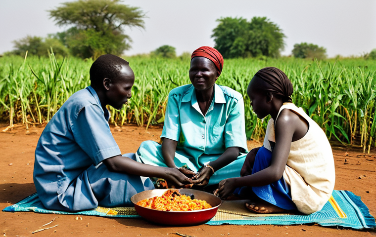 A South Sudanese Family Meal**

"A family seated on mats in a rural South Sudanese village, sharing a meal of kisra and a vegetable stew, fully clothed, appropriate attire, safe for work, perfect anatomy, natural proportions, natural lighting, documentary photography style, modest, family-friendly, authentic details, sorghum field in the background, well-formed hands, proper finger count, natural body proportions."

**