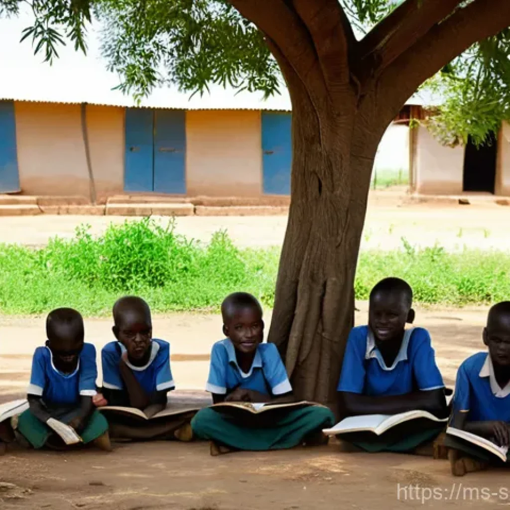 남수단 교육 시스템 - **Prompt:** "A group of diverse South Sudanese children, aged 6-14, dressed in simple, clean clothes...