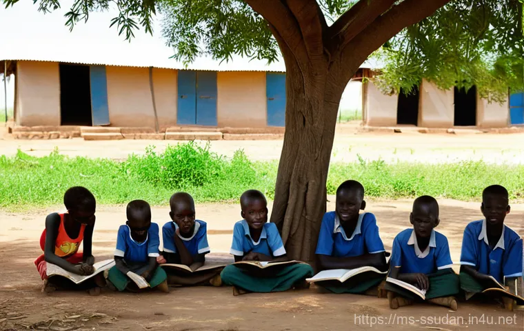 남수단 교육 시스템 - **Prompt:** "A group of diverse South Sudanese children, aged 6-14, dressed in simple, clean clothes...