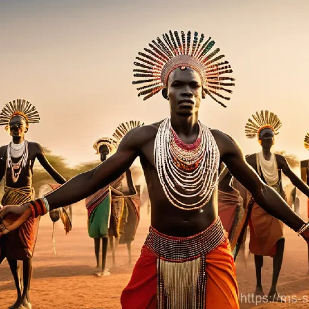 남수단의 유명한 전통 춤 - **A Powerful Dinka Dance of Strength and Pride:** A group of tall, statuesque Dinka men and women pe...