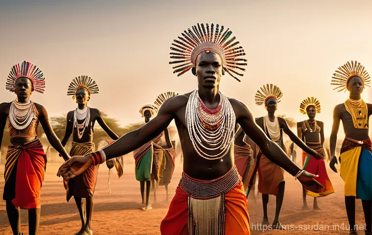 남수단의 유명한 전통 춤 - **A Powerful Dinka Dance of Strength and Pride:** A group of tall, statuesque Dinka men and women pe...