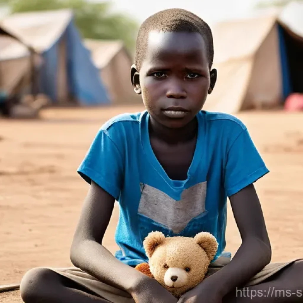 남수단 국제 원조 현황 - **Prompt:** A young South Sudanese child, approximately 7-9 years old, with a solemn yet resilient e...
