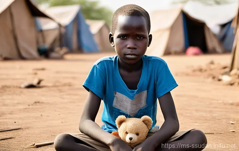 남수단 국제 원조 현황 - **Prompt:** A young South Sudanese child, approximately 7-9 years old, with a solemn yet resilient e...